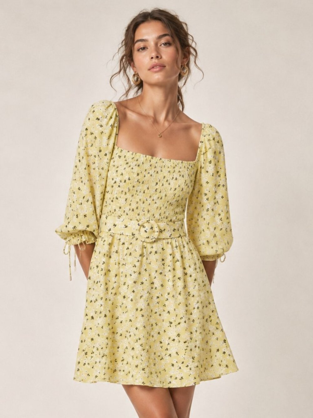 For Love & Lemons Chrysanthemum Mini Dress Yellow Floral Smocked Puff Sleeve